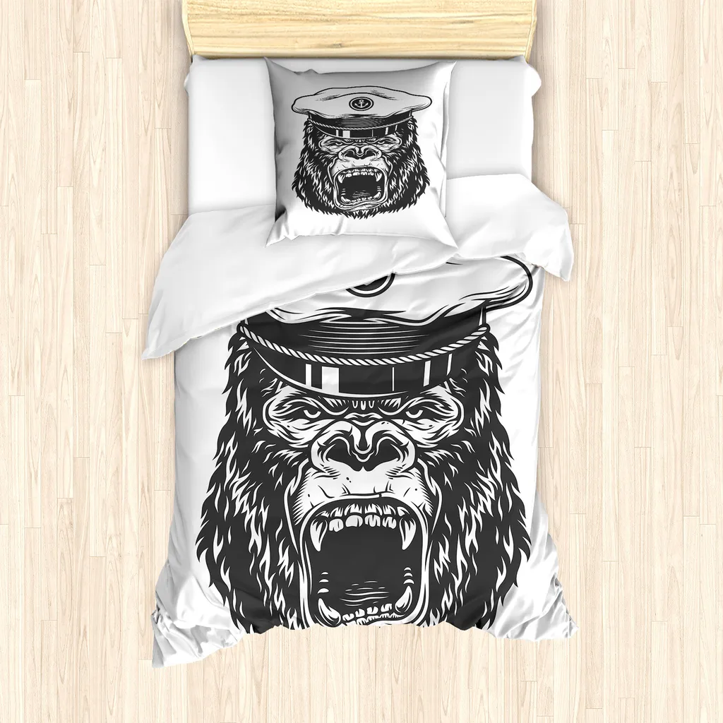 ABAKUHAUS Set copripiumino vintage con tatuaggi nautici per letti singoli, Seaman Gorilla Art, antiacaro e anallergico, con federa, 135 cm x 200 cm - 80 x 80 cm, grigio scuro e bianco