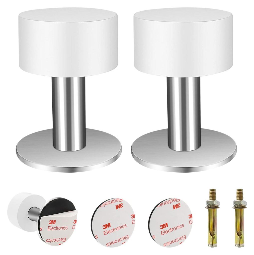 2 Türstopper für die Wandmontage, Edelstahl 304, selbstklebend, zum Schutz von Türen, mit 2 Dübeln und 2 3M-Klebestreifen (weiß/silber)