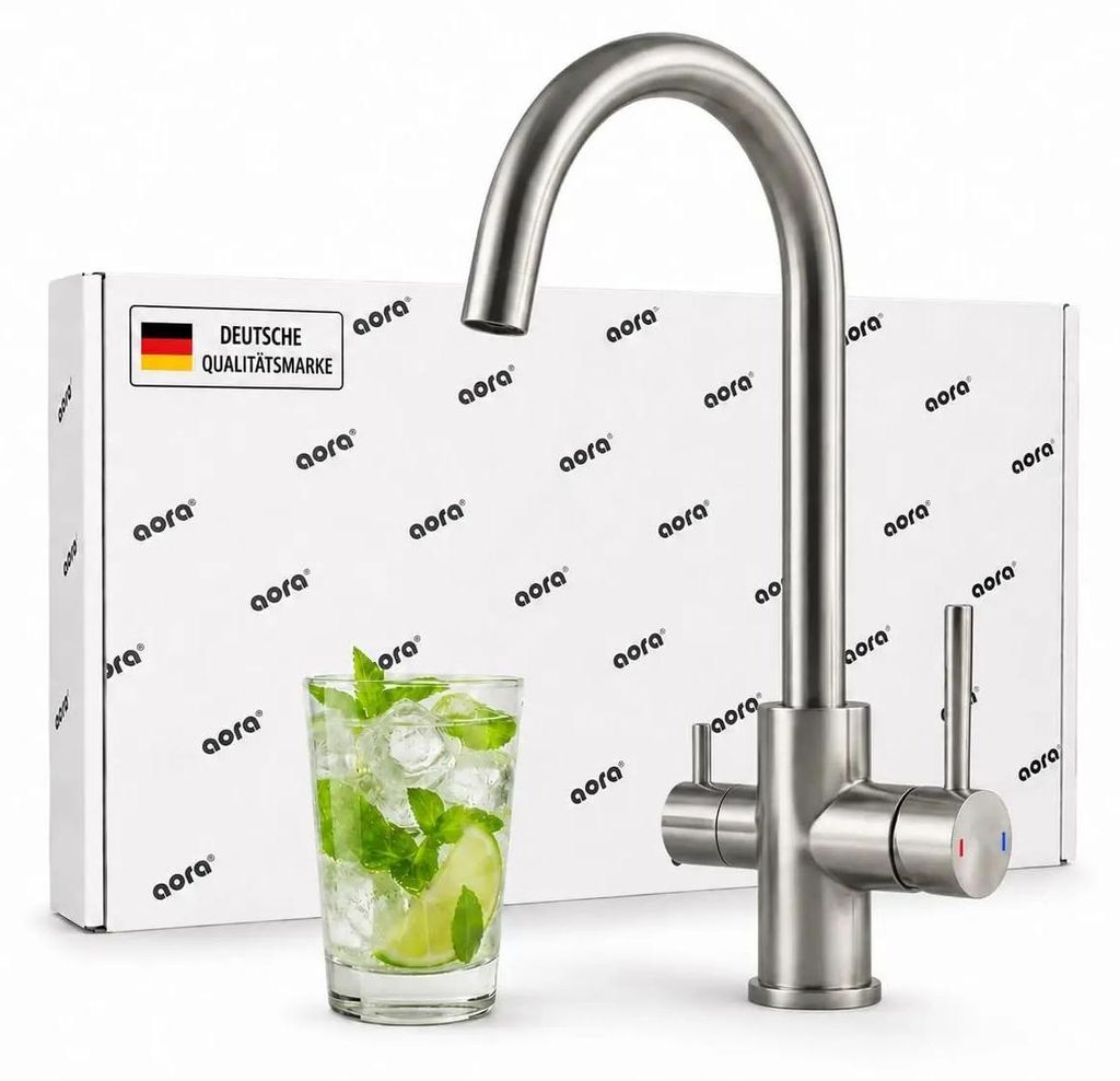 VANTO INOX 3-Wege-Wasserhahn C-Auslauf – Küchenarmatur Edelstahl für gefiltertes Trinkwasser