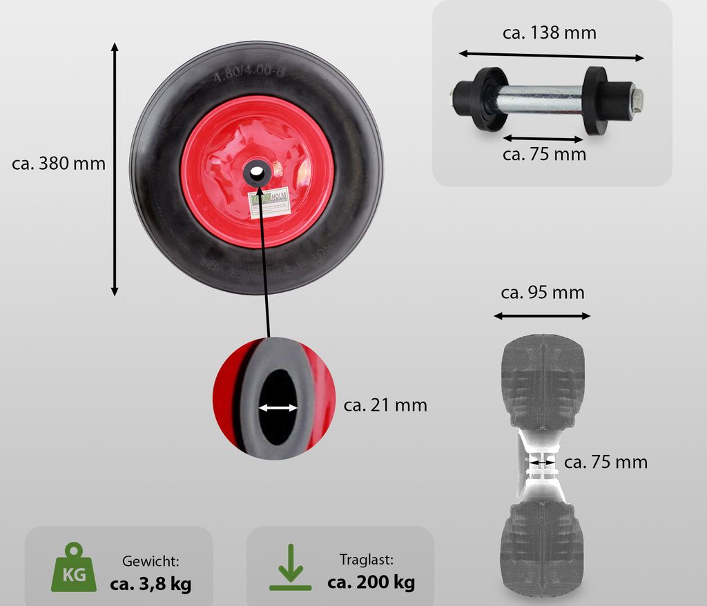 Schubkarrenrad Ersatzrad Vollgummi 4.80/4.00-8 mit Achse Produktbild 3