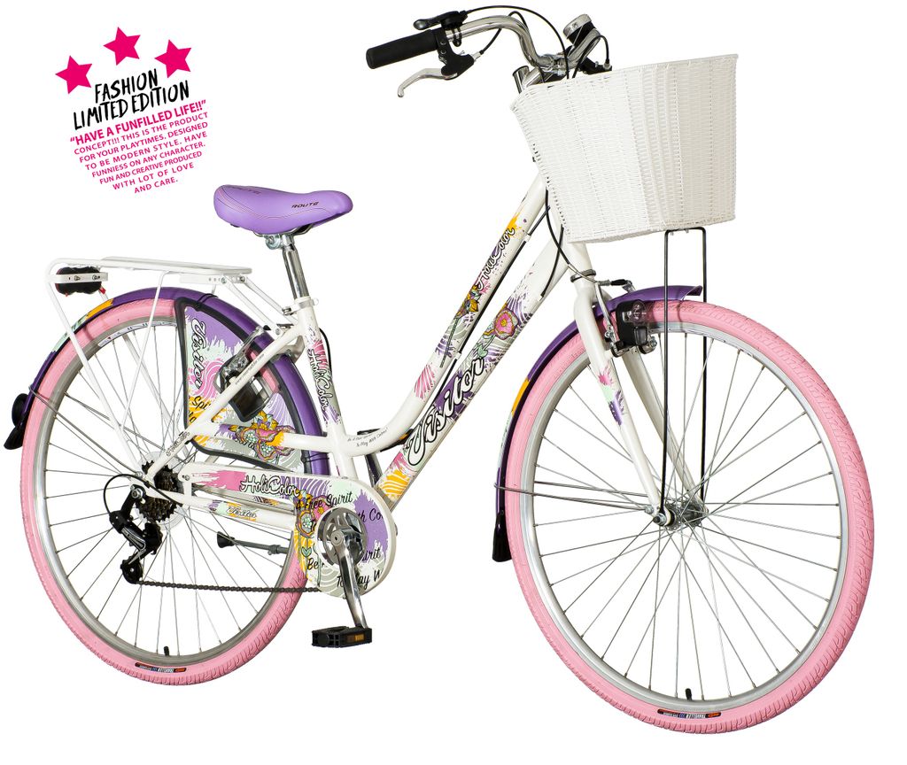 Made in EU Citybike mit Korb Rücktrittbremse breluxx® 26 Zoll Economy Damenfahrrad Venssini Lady 1 Gang Retro Bike violett Beleuchtung