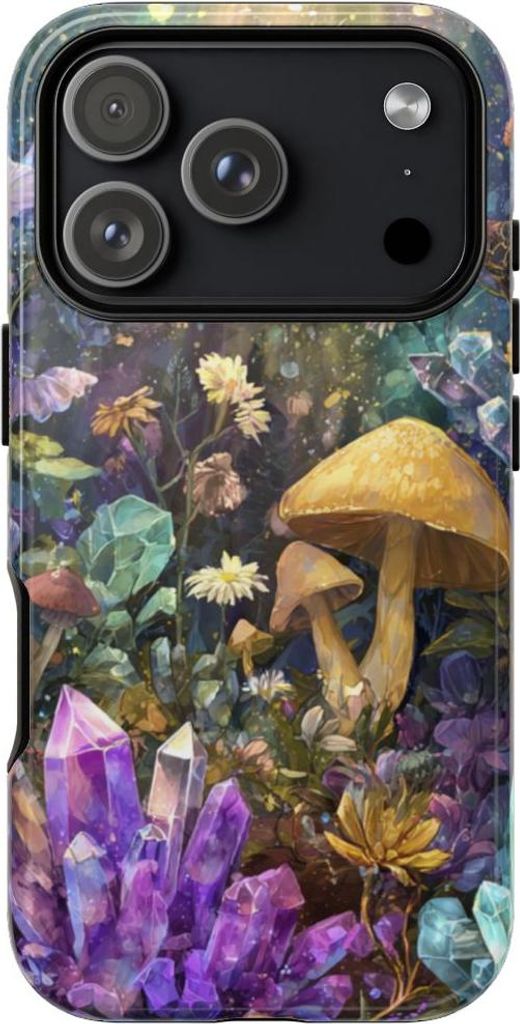 Mystische Kristalle und Pilze in farbenfroher Natur – Hülle Kompatibel mit iPhone 17 Pro