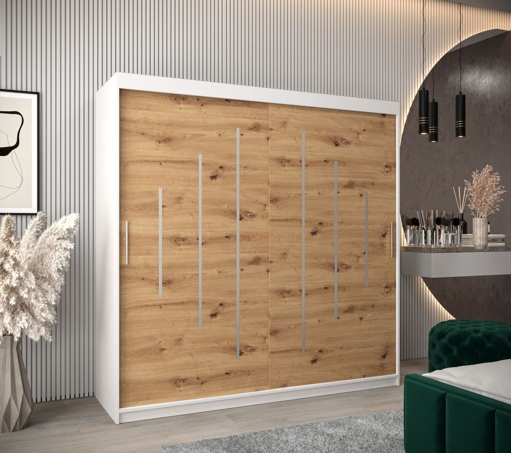 Kleiderschrank ERIKA – Breite 200 cm, weiß / Eiche artisan Produktbild 
