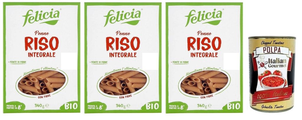 3x Felicia Penne di Riso Integrale,Pasta mit 100% braunem Reis aus der italienischen Lieferkette,Bio und Natürlich Glutenfrei,Packung mit 340g + I...