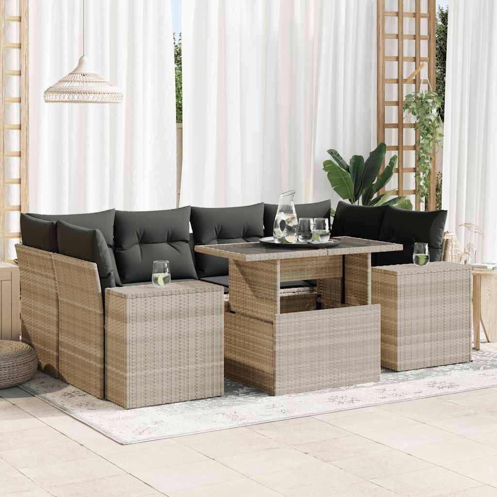 "2026 Promotion" 7-tlg. Garten-Sofagarnitur/Terrassenmöbel - mit Kissen - Hellgrau Poly Rattan - Gartenmöbelset CC18193