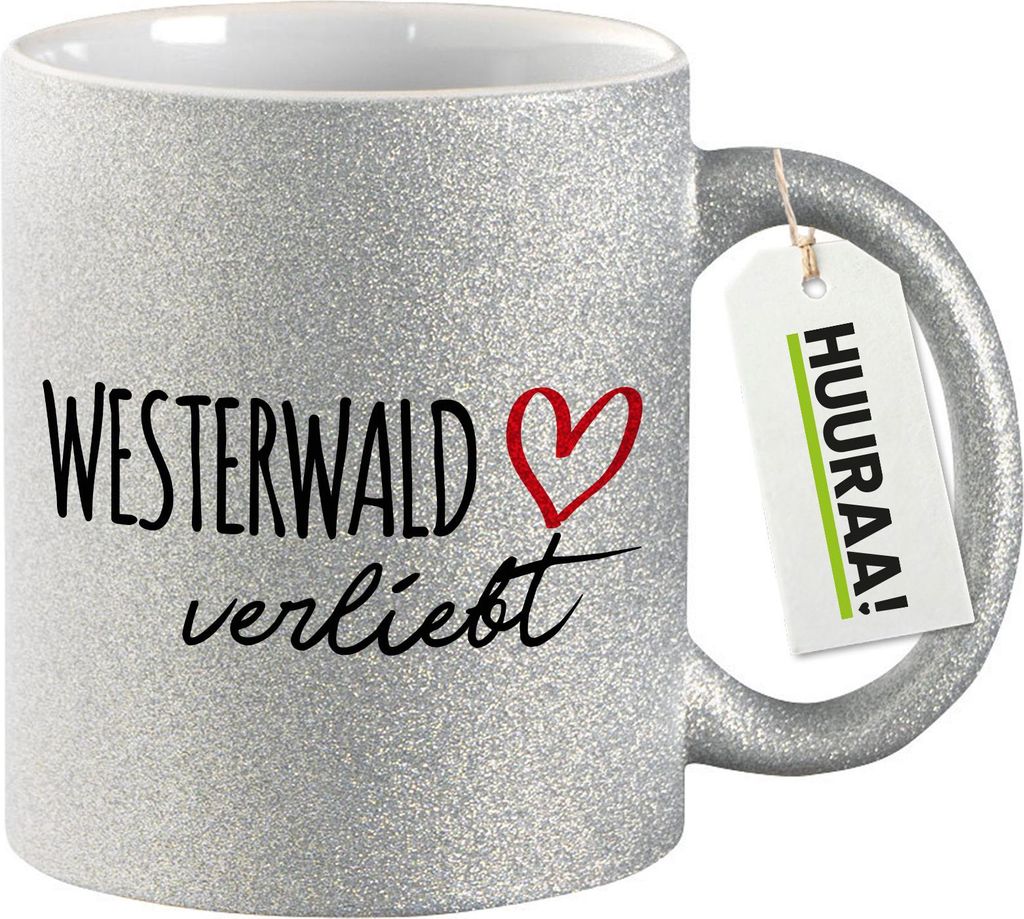 Huuraa Glitzertasse Westerwald verliebt 330ml Silber Keramik Kaffeebecher Geschenkidee