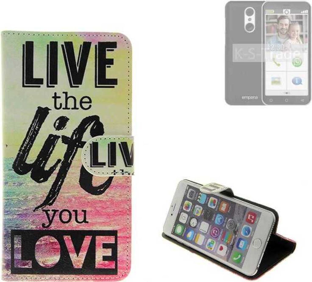 K-S-Trade Schutzhülle Handyhülle kompatibel mit Emporia Smart.4 360° Wallet Case “live life love“ Klapphülle Tasche Etui Smartphone Flip cover