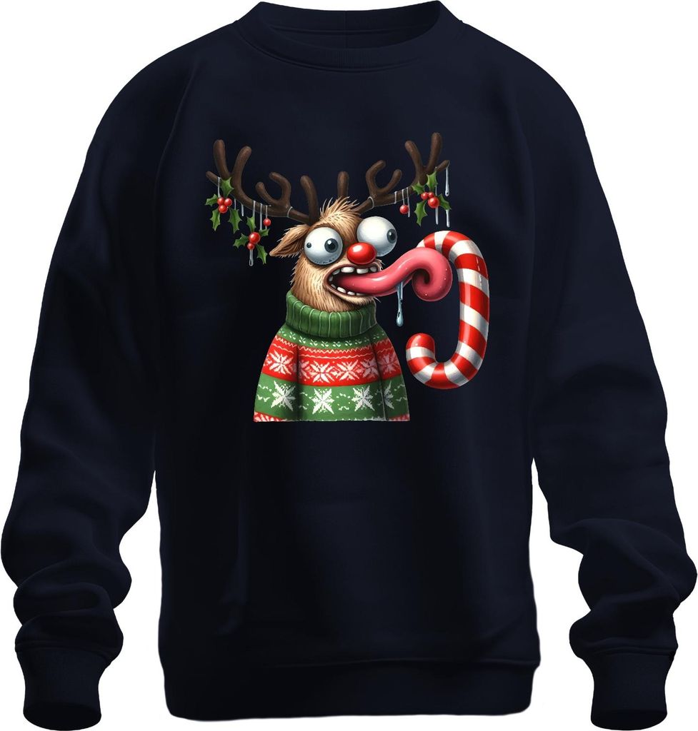 Weihnachten Verrücktes Rentier Zuckerstange lustig Cartoon Uni Sweatshirt Pullover, Navy, M