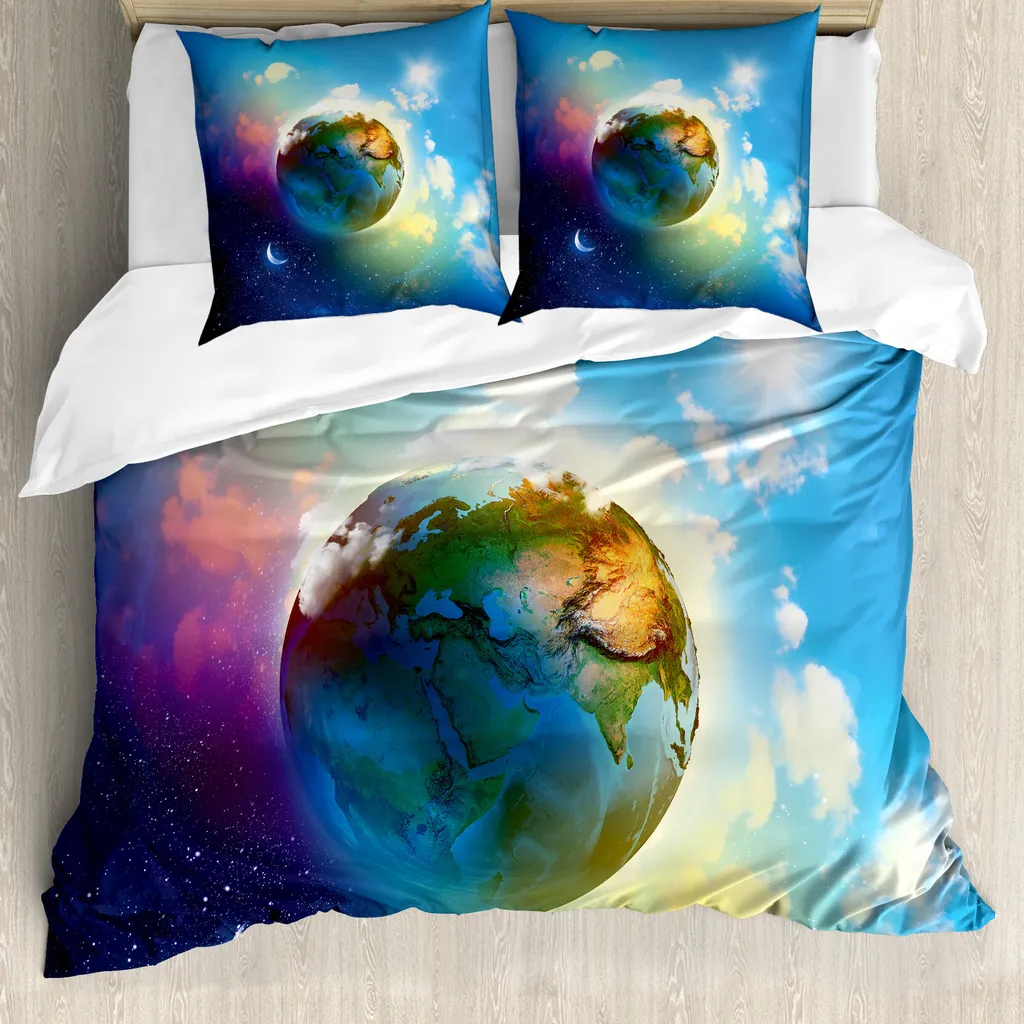 ABAKUHAUS Copripiumino Erde, Cosmos Paesaggio vivace, Antiacaro Adatto a chi soffre di allergie con federe, 200 cm x 200 cm - 80 x 80 cm, Blu Viola