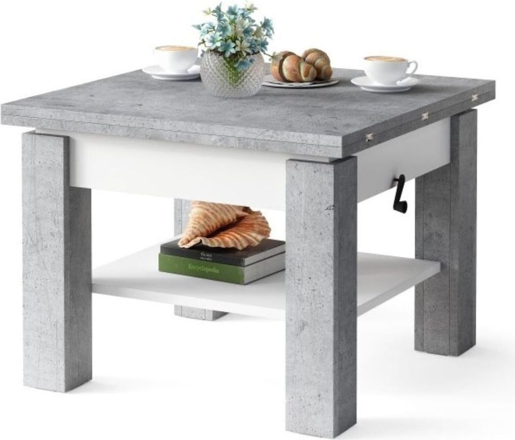 All4All Multifunktionaler Couchtisch Claris - Beton+Weiß, Wohnzimmertisch Kaffeetisch , 130x75 cm , Höhenverstellbar 05