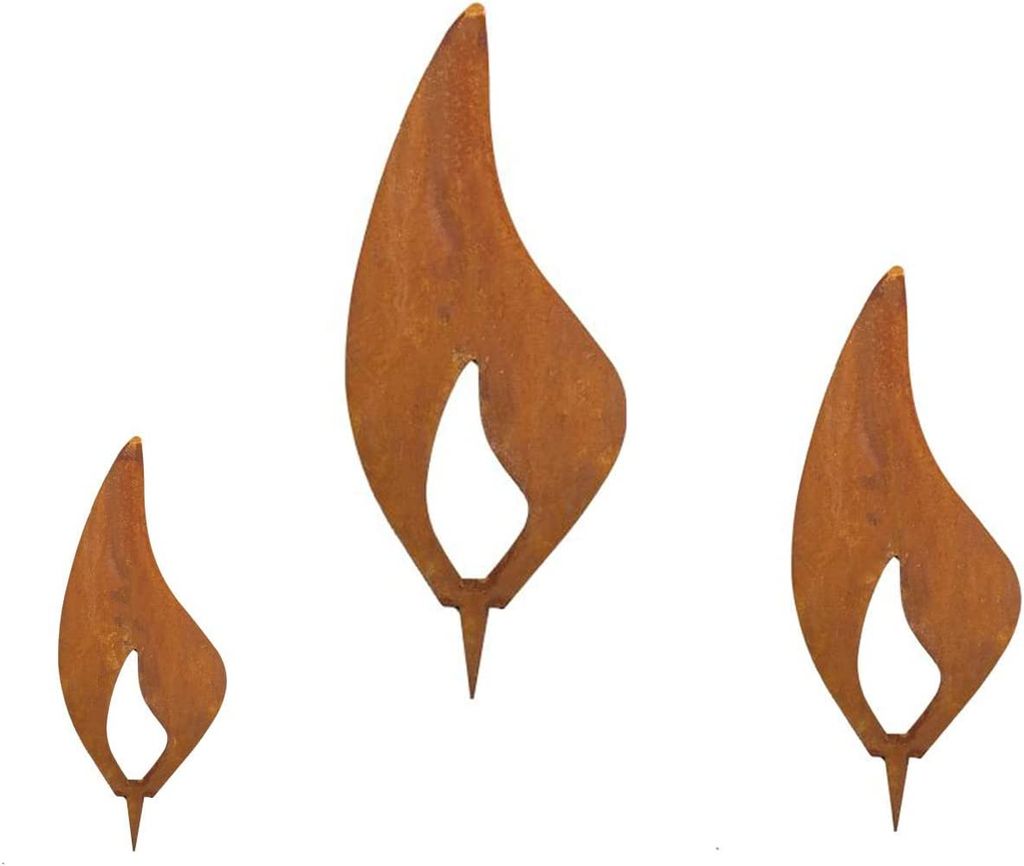 Edelrost 3er Set Flammen aus Edelrost mit Dornspitze zum Einstecken in Holz Gartendeko Weihnachten Kerzen Flamme Kerze