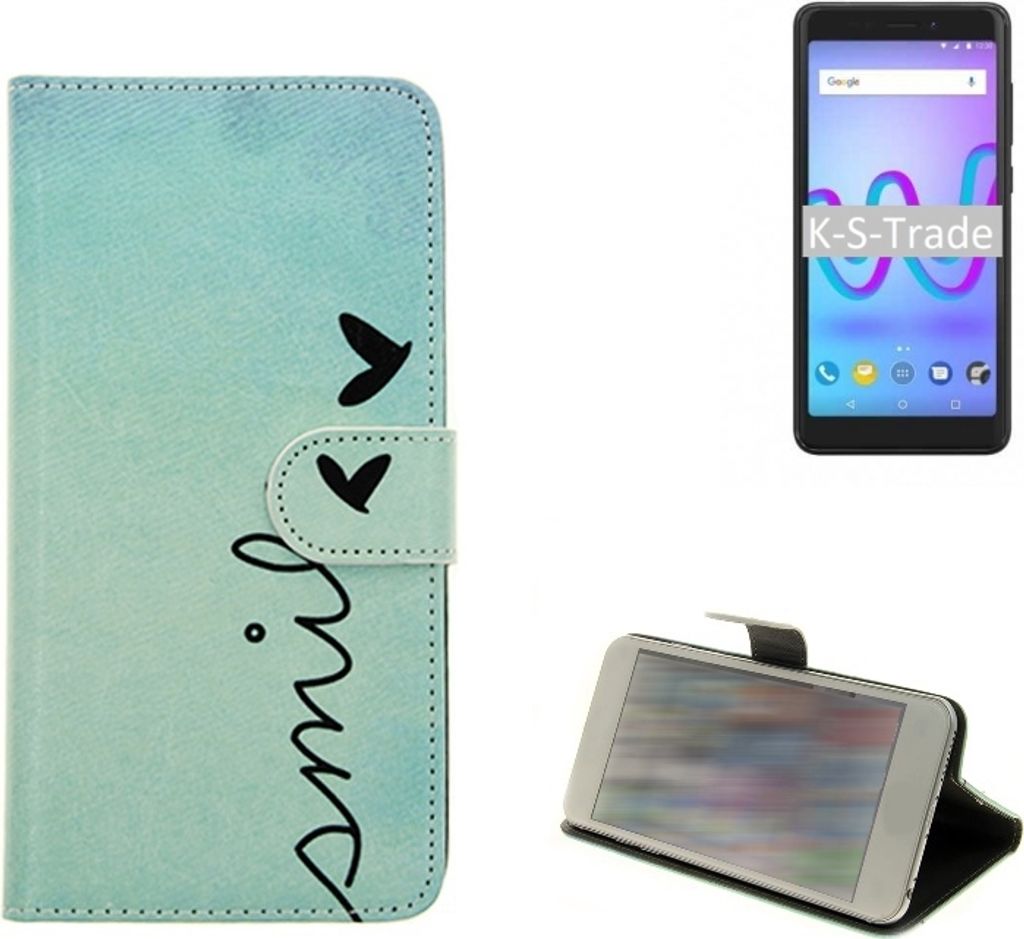 K-S-Trade Schutz-Hülle Handy-Hülle kompatibel mit Wiko Jerry 3 Hülle Wallet Case Flip cover bookstyle Etui Handyhülle ''smile'' türkis