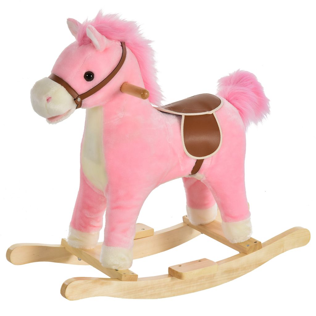 Homcom Schaukelpferd Spielzeug Plüsch Holz Ponyreiten Rocker Wiehern Sound pink 