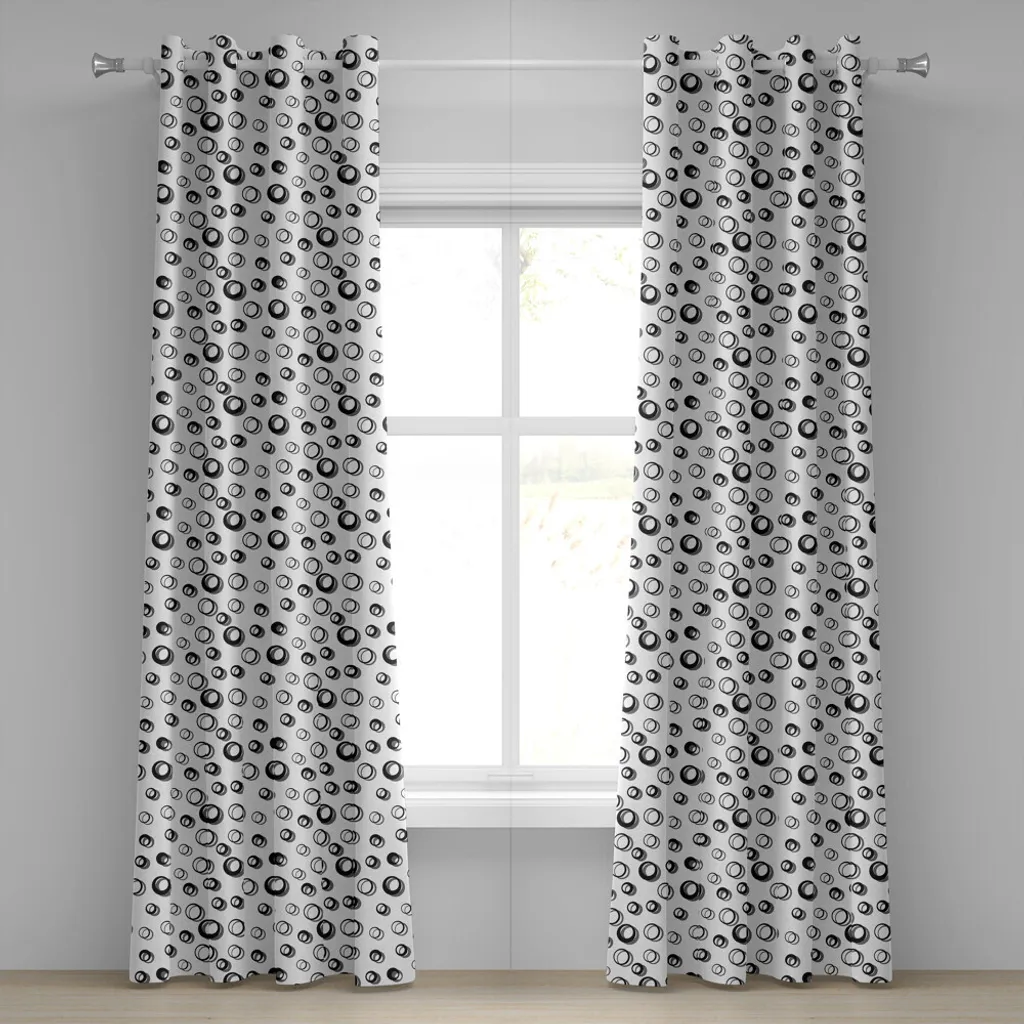 ABAKUHAUS Tenda con occhielli geometrica a cerchi, motivo astratto con cerchi di diverse dimensioni e riflessi in un design discreto, tende decorative a 2 pannelli, 280 cm x 225 cm, bianco e nero