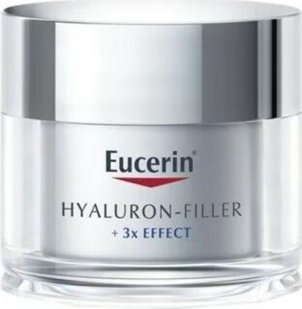 A studio shot of a Eucerin Hyaluron-Filler day cream jar.