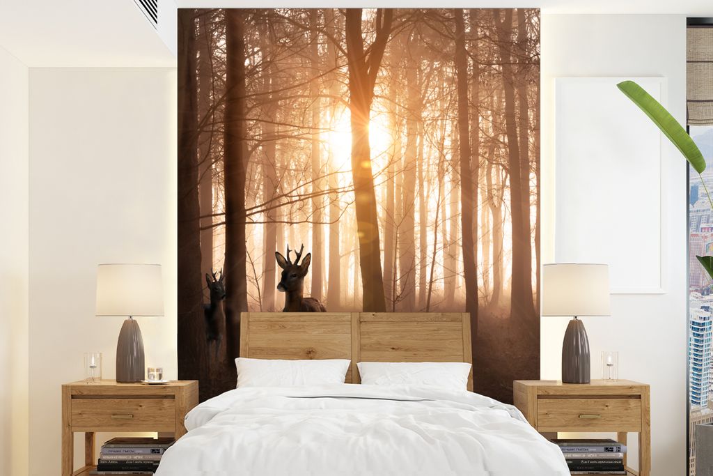 MuchoWow Fototapete für Wohnzimmer oder Schlafzimmer Wandtapete Vinyl Motivtapete Wald - Hirsche - Sonne - Bäume - Winter - Natur - Tiere - 190...