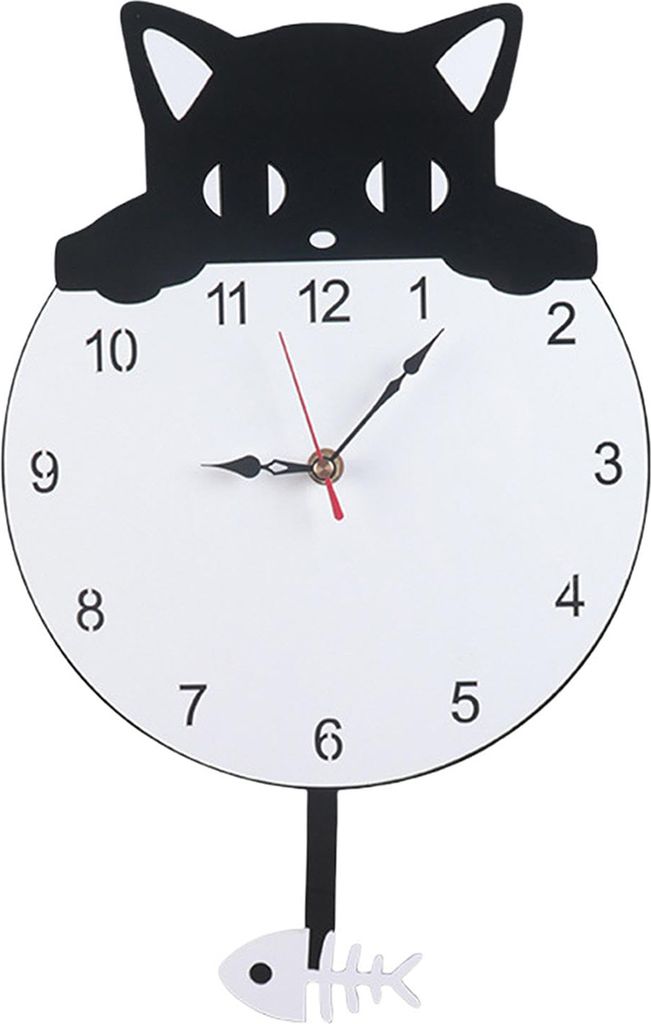 A black and white cat-shaped wall clock with a pendulum shaped like a fish skeleton.