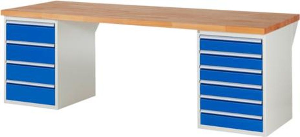 Werkbank mit 10 Schubladen - Vollauszug - 120:6 / 180:4 - 890 x 2.500 x 900 mm (HxBxT) - Traglast 1.000 kg - Buche
