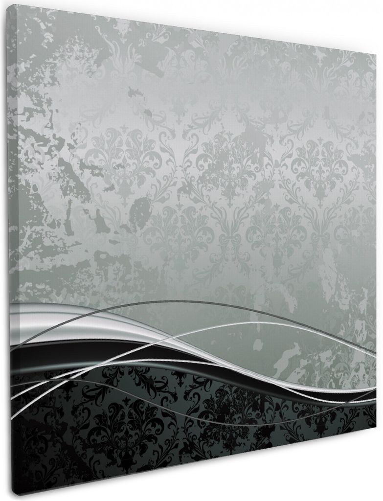Wallario Premium Leinwandbild Grau-schwarze Schnörkelei mit Wellen in Größe 50 x 50 cm