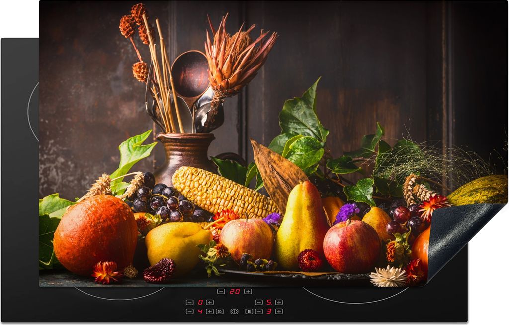 KitchenYeah Herdabdeckplatte Gemüse - Obst - Rustikal - Tisch , 85x52cm, Küche Deko, Glaskeramikfeld Herdabdeckung, Abdeckplatte fùr Kochfeld