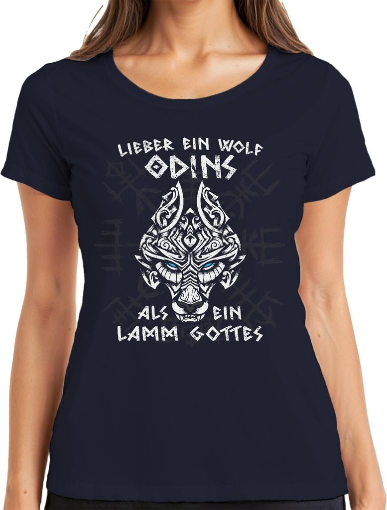Lieber Wolf Odins als Lamm Gottes Wikinger Nordisch Runen Damen T-Shirt, Navy, L