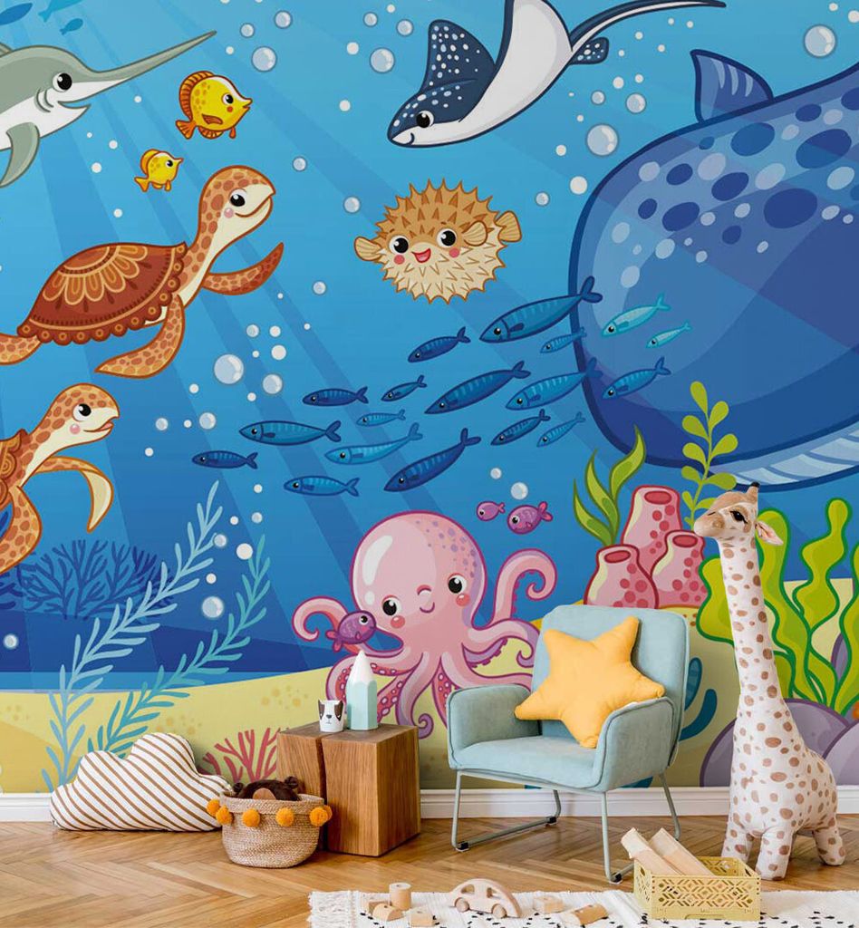 Fototapete Unterwasserwelt mit Wal Fischen und Tintenfisch, Material:Premium Vlies 150g/qm, Größe Tapete:455 x 300cm