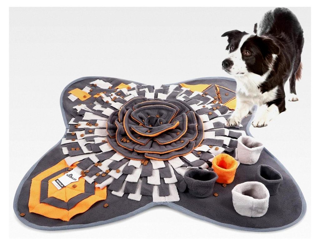 Schnüffelteppich für Hunde zur Förderung der Intelligenz und als Futtermatte für Haustiere (71x71cm, Orange & Grau)