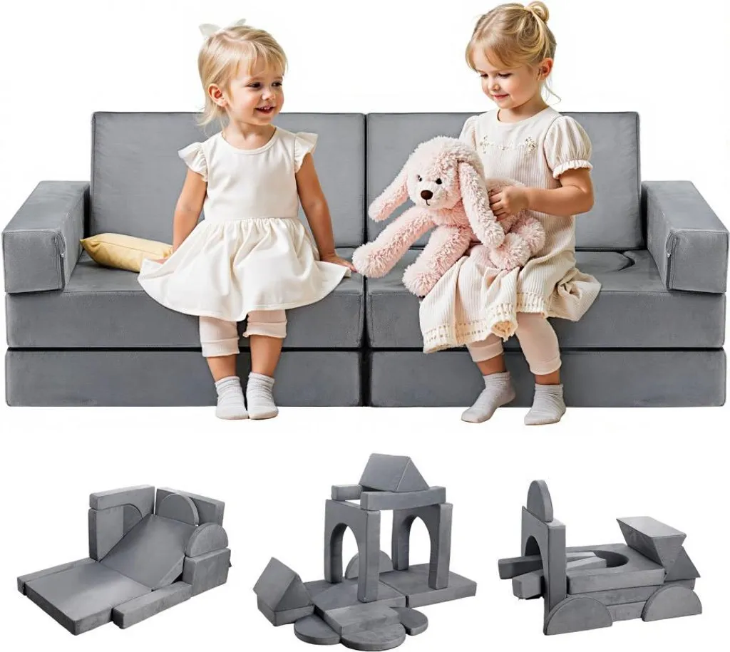 Canapé de jeu 14 pièces avec éponge 28D haute densité et velours gris enfant
