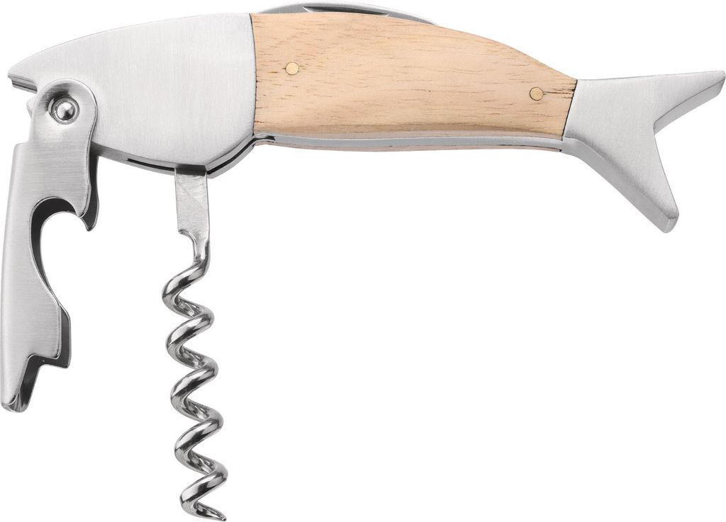 kwmobile Weinöffner im Fisch Design - Holz & Edelstahl Kellnermesser - Flaschenöffner mit Korkenzieher - Sommeliermesser in Fischform - Silber