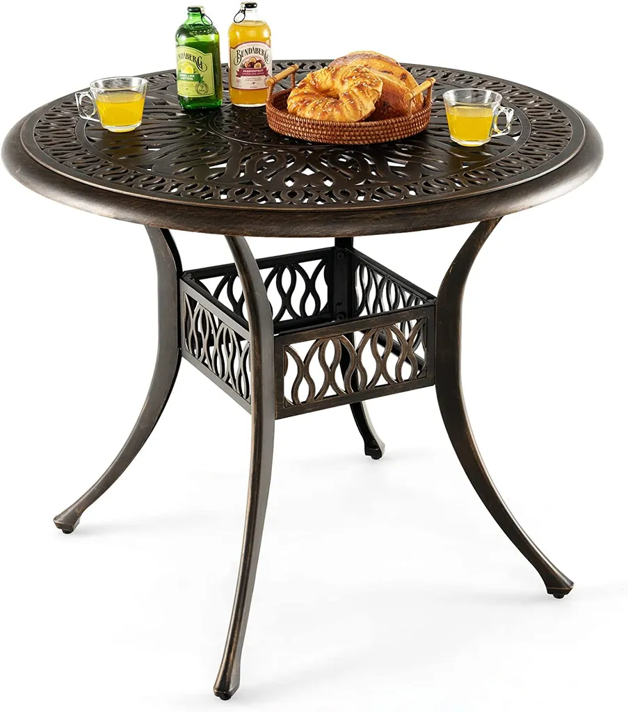 Table de balcon ronde aspect antique et résistante aux intempéries