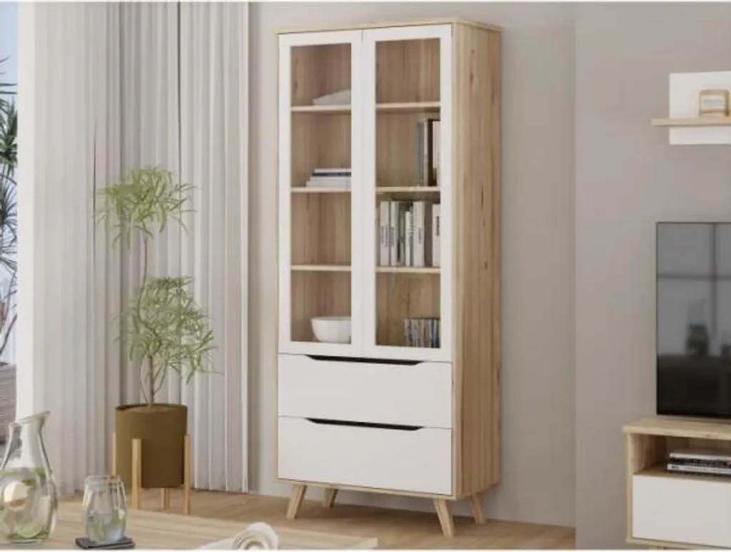 Vitrine Haute VANKKA Design Bicolore Blanc et Chêne 2 Portes Verre