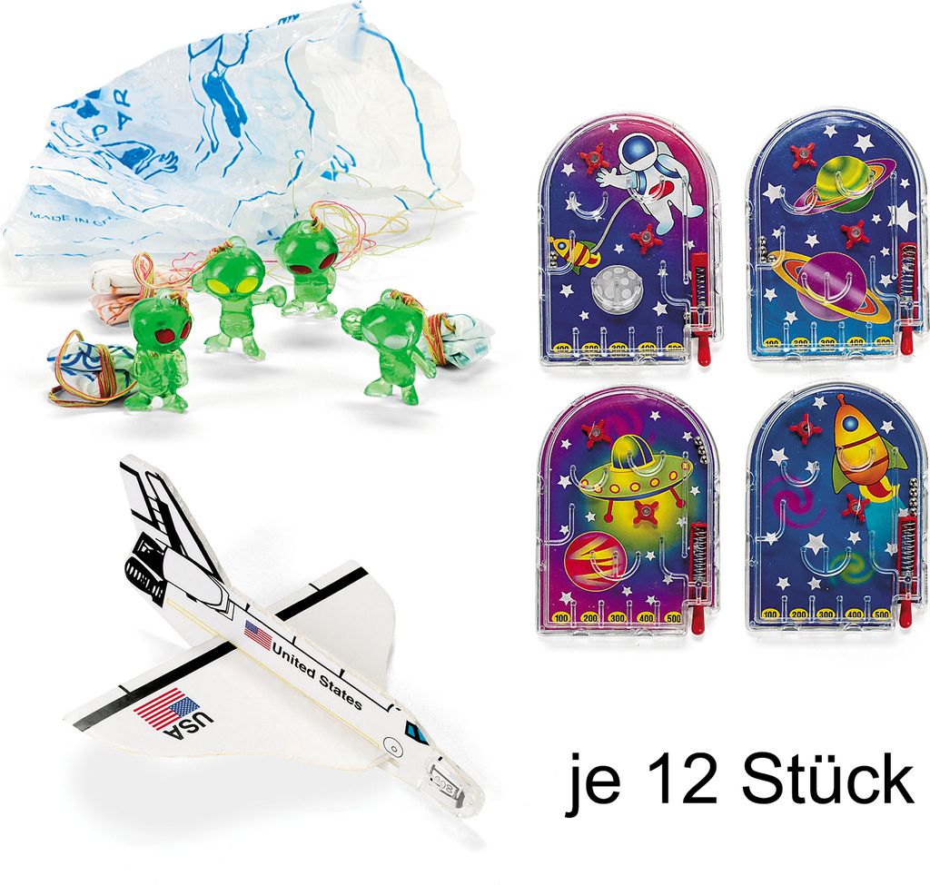 Weltraum Space Mitgebsel-Set B 36 Teile Space Shuttle Flipper Fallschirmspringer