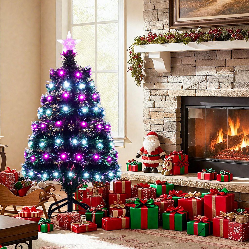 COSTWAY 90 cm Künstlicher Weihnachtsbaum, Tannenbaum mit Beleuchtung, 96 PVC-Zweigspitzen, mehrfarbigen Glasfasern, 96 lila & weißen LEDs, 8 Modi