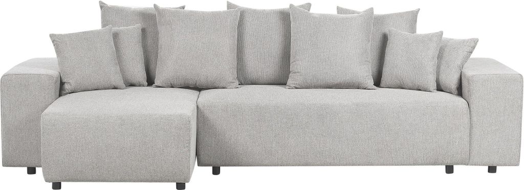 BELIANI 3-Sitzer Ecksofa Hellgrau Stoffbezug L-Förmig mit Chaiselongue Rechtsseitig Schlaffuktion Stauraum Dekokissen Wohnlandschaft Polstersofa