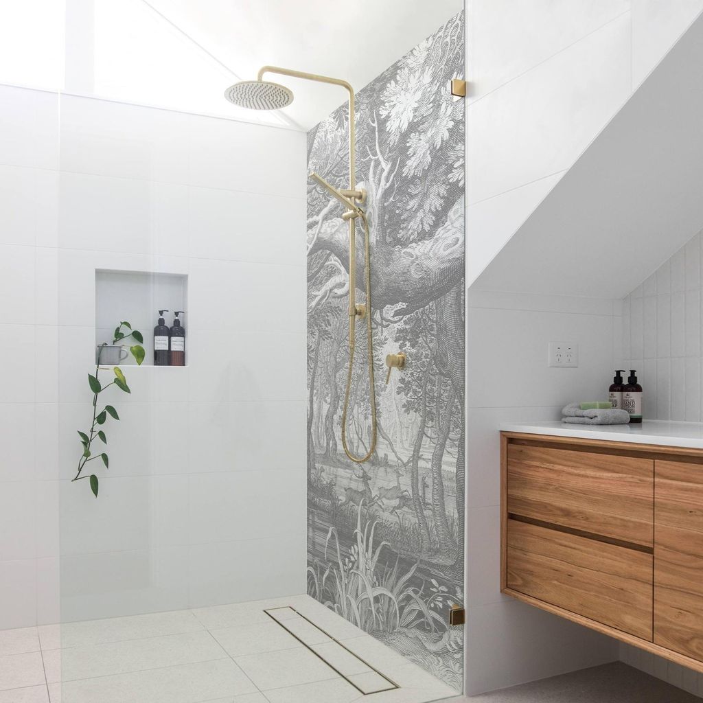 Duschrückwand Wald selbstklebend - 0.61 mm Wandpaneel wasserfest Pflanzen grau Vintage Badrückwand fugenlos Premium matt 90x190 cm