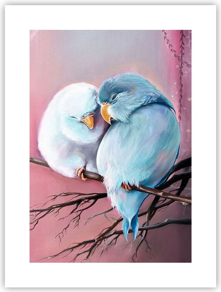 Poster - Poster ohne Rahmen - Vögel Blau Zweig - 30x40 cm - Wand Bild - Wanddeko - Wandbilder - Kunstposter - Wandposter - Bilder - Kunstdruck - W...