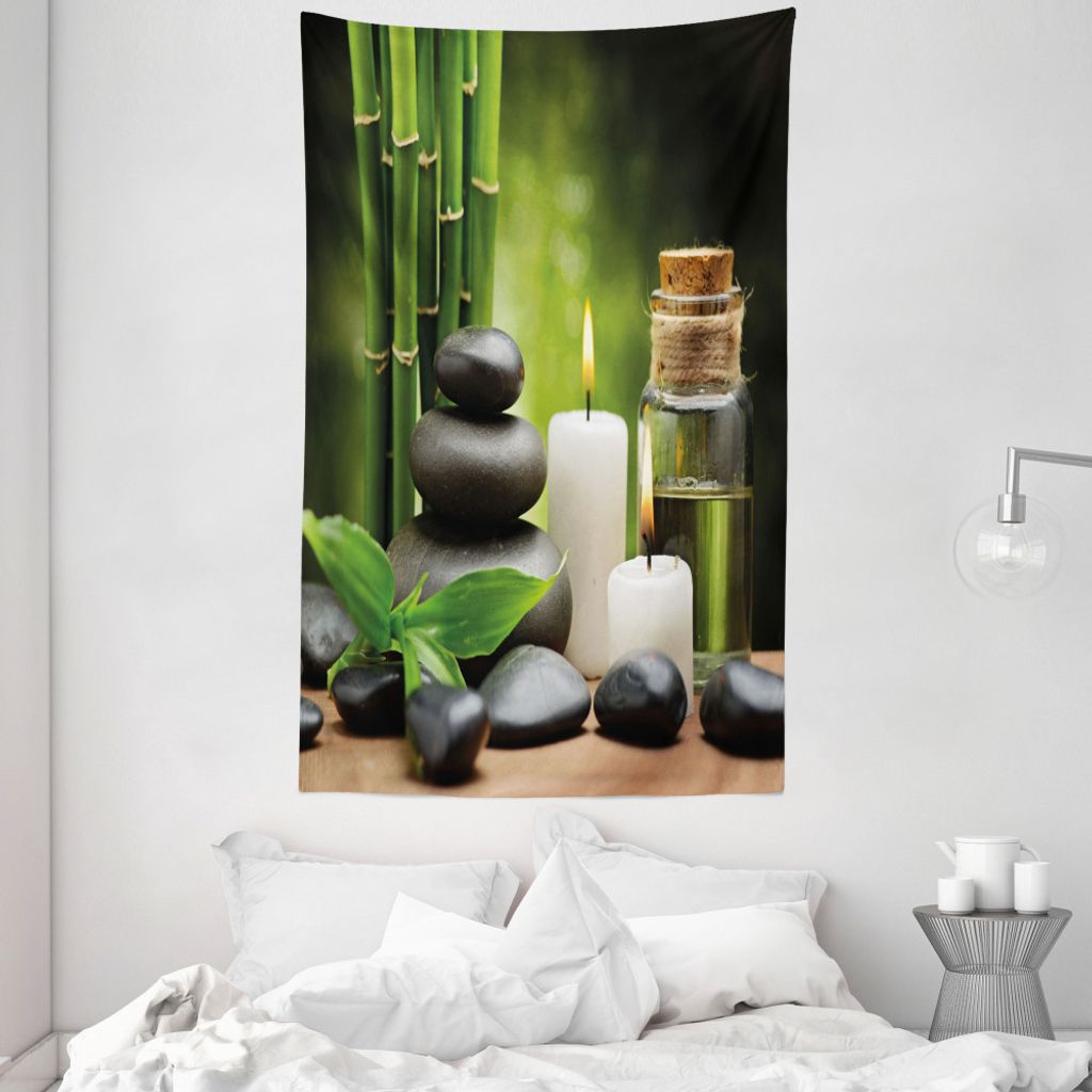 ABAKUHAUS Spa Wandteppich und Tagesdecke, Hot Rocks Kerzen Bambusse aus Weiches Mikrofaser Stoff Waschbar ohne Verblassen Digitaldruck, 140 x 230 c...