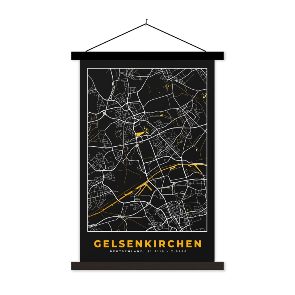 MuchoWow Textilposter Gelsenkirchen - Karte - Deutschland - Gold - Stadtplan 40x60 cm mit schwarzem Rahmen - Wanddekorationen