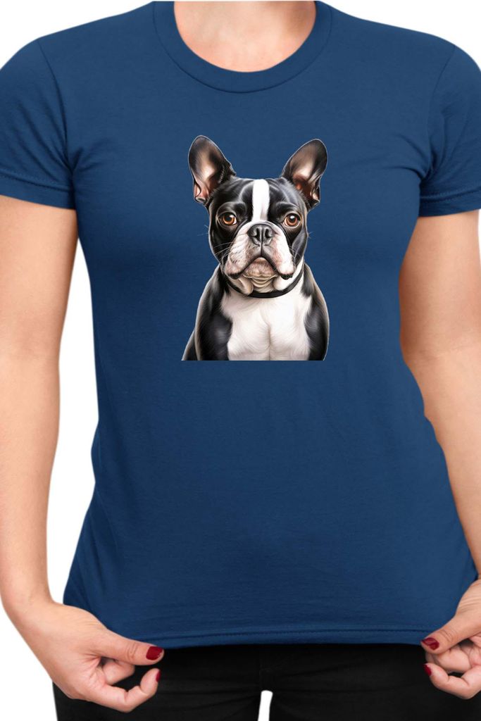Damen T-Shirt Dogs Breeds Boston Terrier Dog Breed 007, Lady M / Dunkelblau