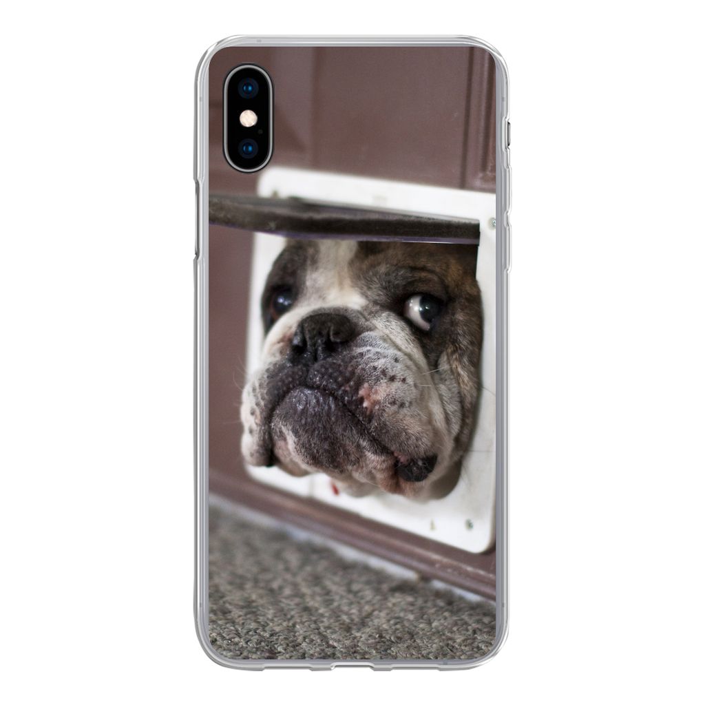 MuchoWow Handyhülle Schutzhülle Hülle für iPhone Xs Hund - Lustig - Katzenklappe - Kinder - Jungen - Mädchen - Kinder Silikon Softcase Handy...