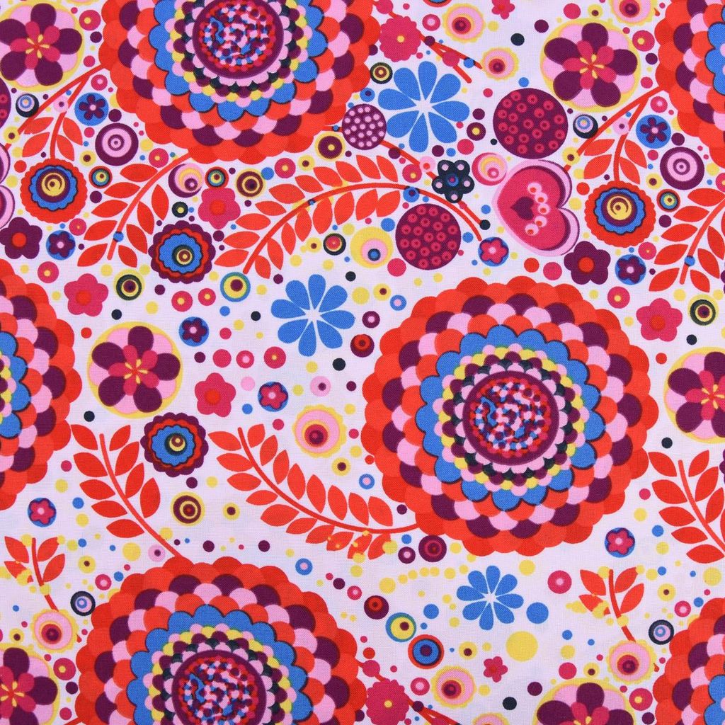 Faschingsstoff Meterware Polyester Blumen Herz Punkte rosa bunt 1,5m