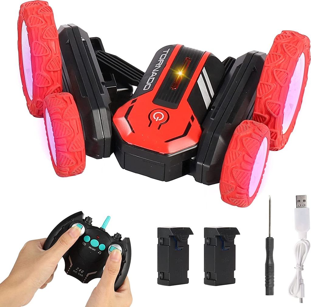 Ferngesteuertes Auto für Kinder, 2,4 GHz RC Stunt Auto 4WD 360°Flip, Offroad RC Auto Spielzeug inkl. 2pcs AKKUs mit Musik und LED Licht
