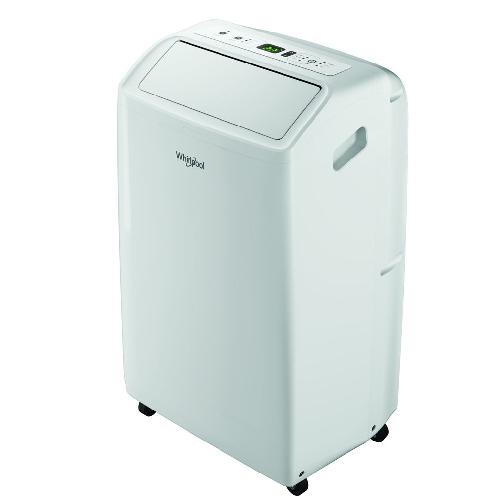 A white portable air conditioner on a white background.