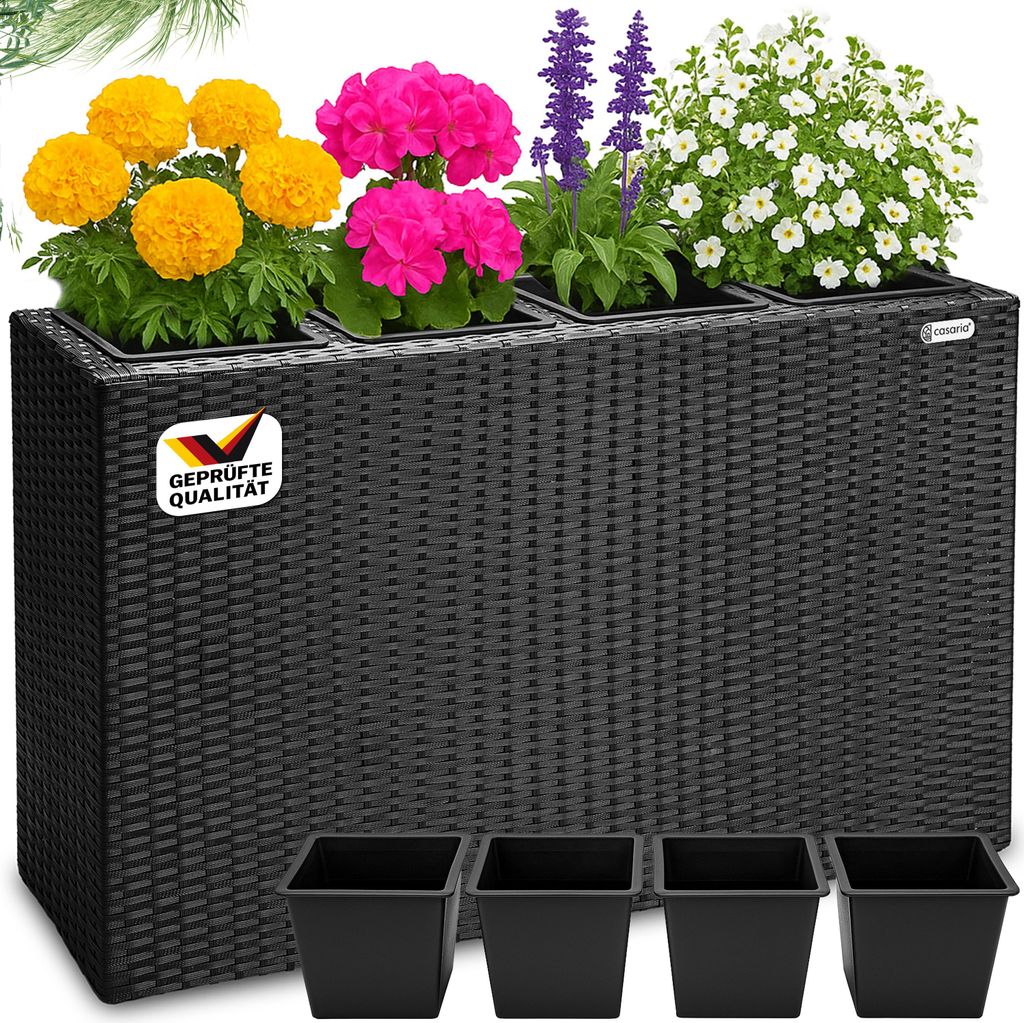 CASARIA Blumenkasten 4 Innentöpfe Polyrattan Herausnehmbar Wasserablauf Outdoor Rechteckig Pflanzkasten Blumentopf Hochbeet Pflanzkübel Schwarz