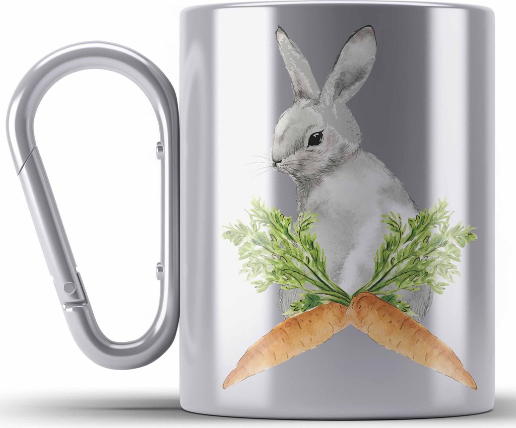 Trendation - Edelstahl Tasse Karabiner Ostern Ostergeschenke Kinder Jugendliche Geschenke Lustige Grafik Osterhase Osterei Karrotte (Silber)