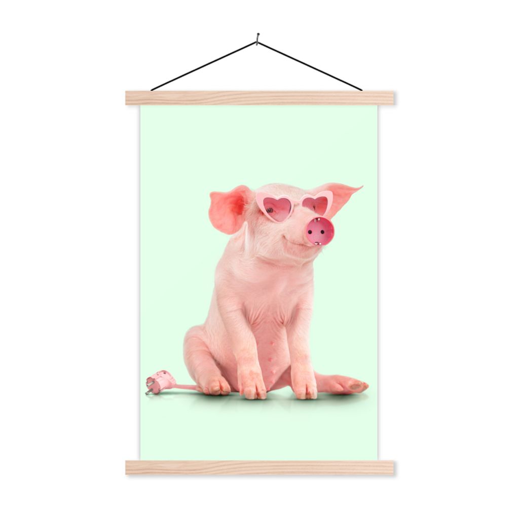 MuchoWow Textilposter Schwein - Rosa - Brille - Sockel - Tiere 120x180 cm mit holzfarbenen Rahmen - Textil-Plakat