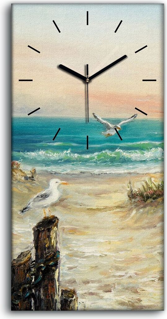 Wanduhr Bürouhr Leinwand Bild 30x60 Malerei Küste Strand Meer Wellen Himmel - schwarze Hände