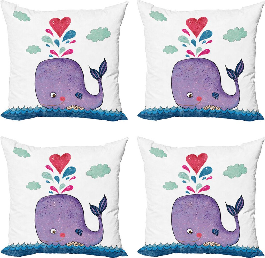 ABAKUHAUS Wal Kissenbezug Set (4 Stück), Smiling Whale mit Wolke, Moderner Doppelseitiger Digitaldruck, 45 cm x 45 cm, Violett Blau und Rot