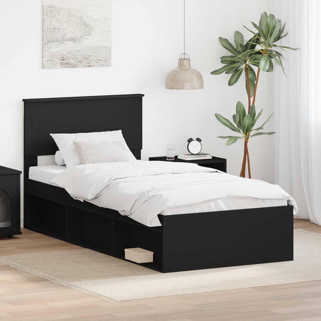"Schlussverkauf" Einzelbett 1 PLACE - bettrahmen moderne - mit Kopfteil - Schwarz 90x200 cm Holzwerkstoff C1349