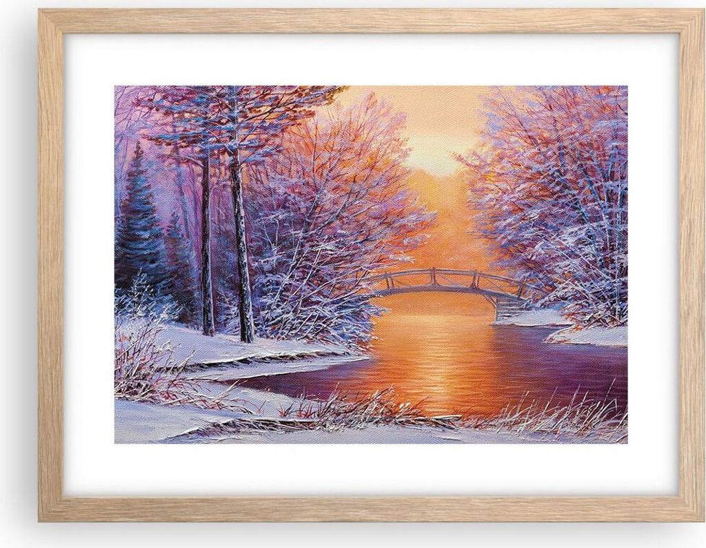 Gerahmtes Poster - Rahmen in heller Eiche - Brücke Schnee Wald - 40x30 cm - Wand Bild - Wanddeko - Wandbilder - Kunstposter - Wandposter - Bilderr...